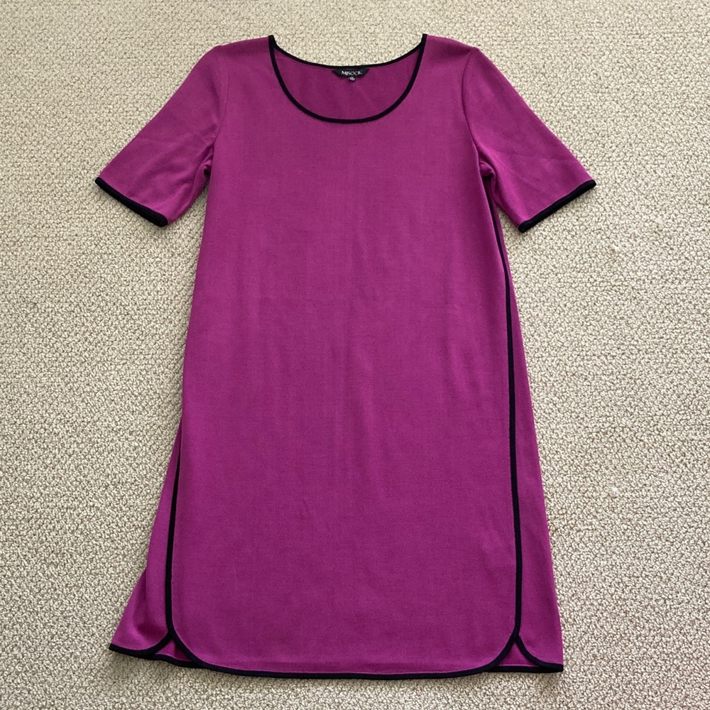 Misook Midi Shift Dress Magenta Black Piping Size Medium Soft Formal EUC